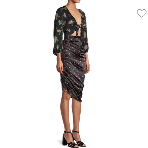 NWT For Love & Lemons Wilson Print Ruched Midi Dress in Polka Dots & Floral - Picture 3 of 10